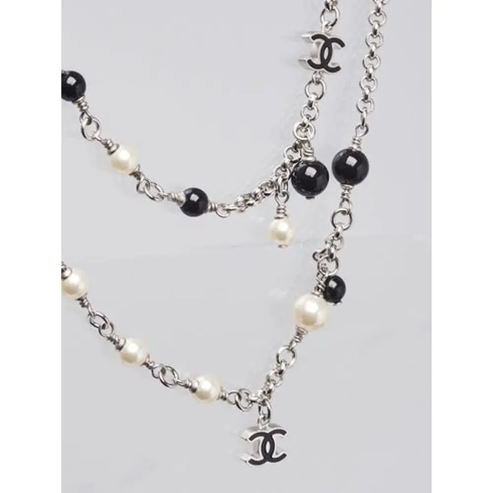 Chanel Silver-tone Beaded Faux Pearl Interlocking CC Long Necklace